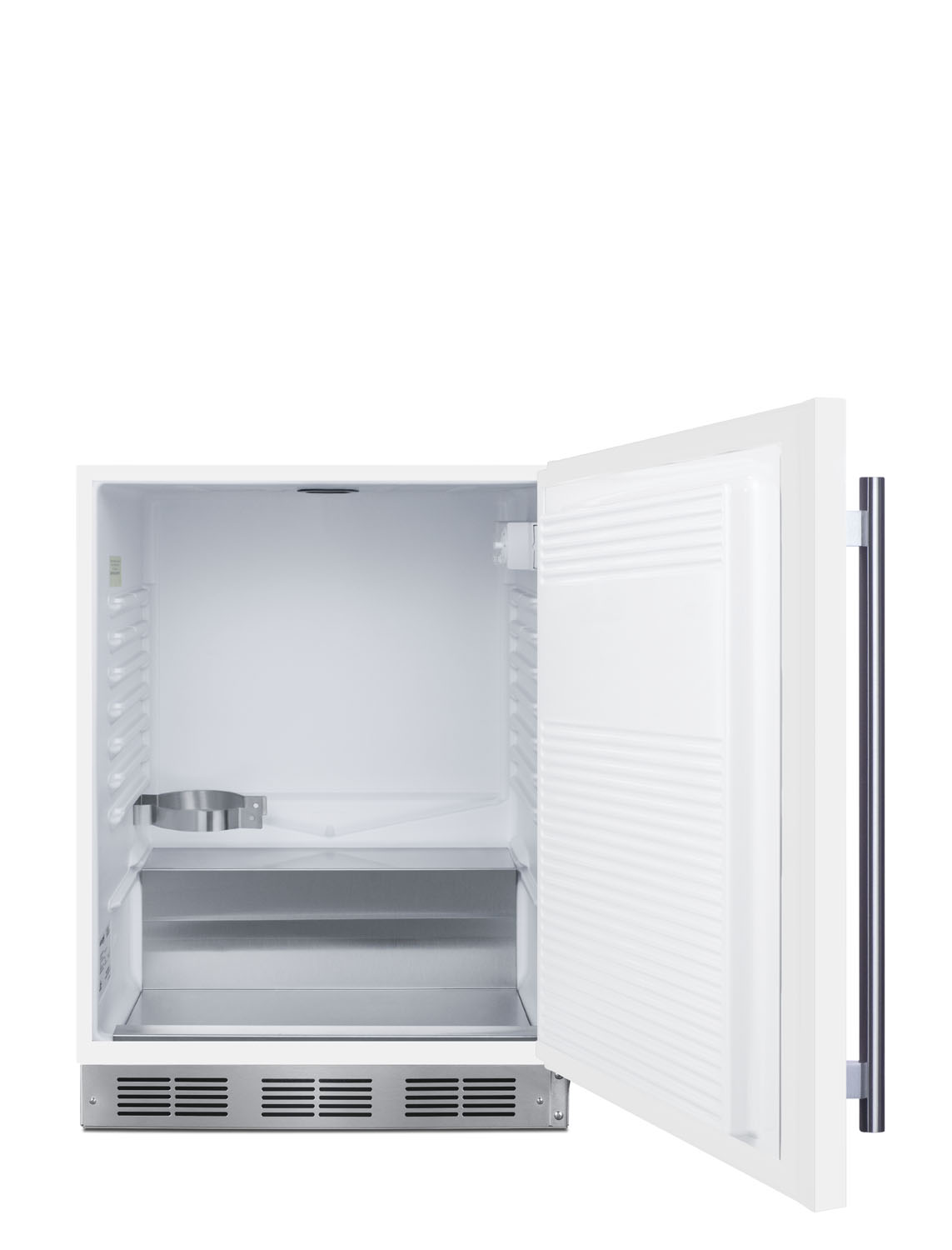 Built-in undercounter ADA height commercially listed kegerator in white with stainless steel handle; no tapping equipment included
